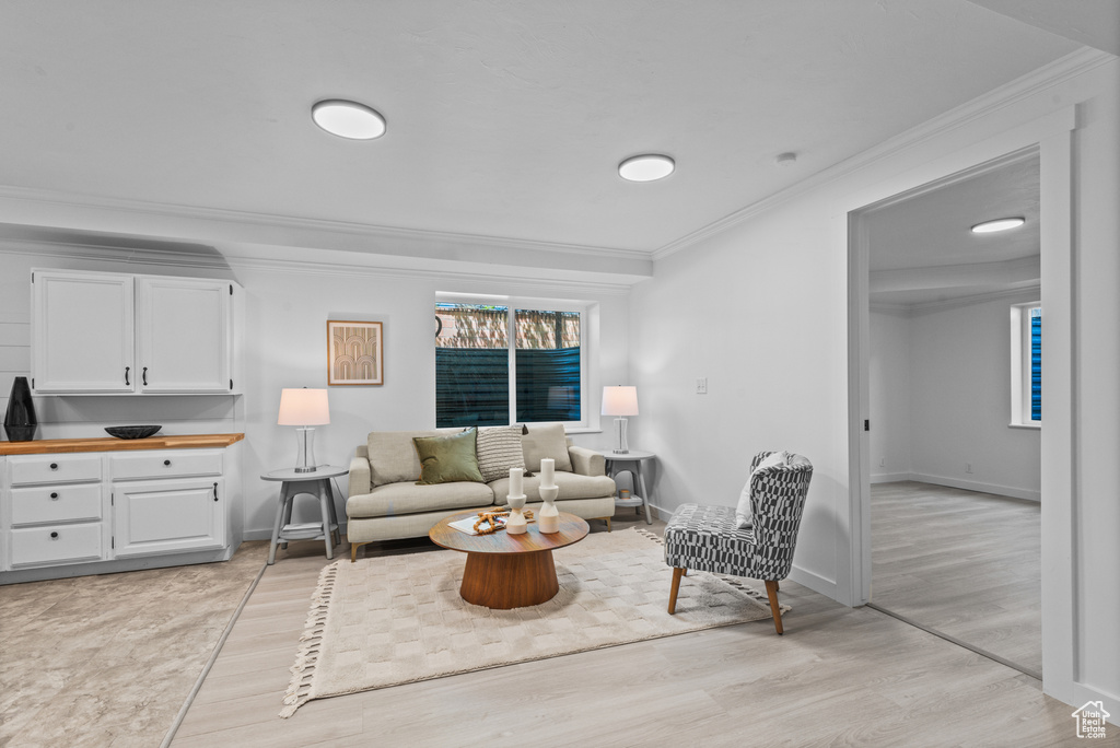 Living room with ornamental molding and light wood finished floors