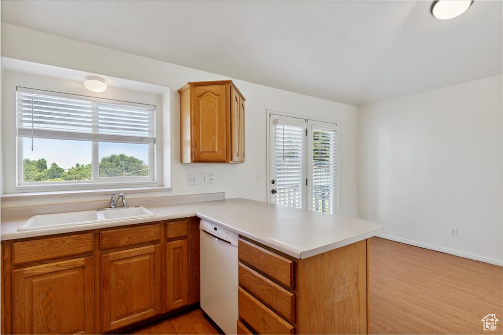 Kitchen with dishwasher, a peninsula, healthy amount of natural light, and light countertops