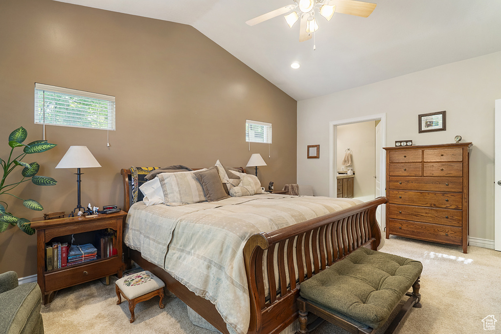 Bedroom featuring vaulted ceiling, multiple windows, light carpet, ceiling fan, and recessed lighting