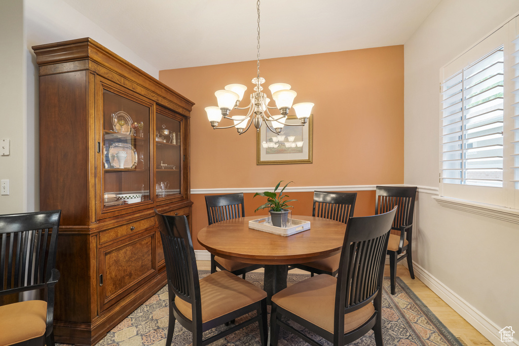 Dining area featuring a chandelier, light wood-type flooring, and plenty of natural light