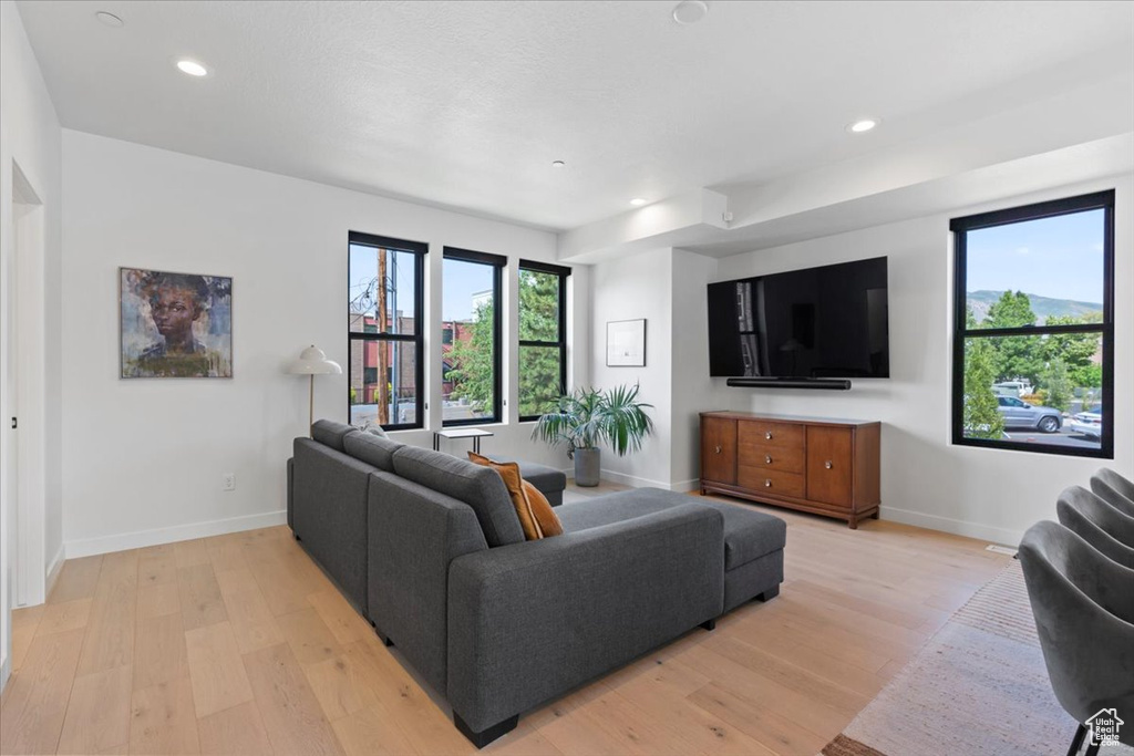 Living room with light wood-type flooring and recessed lighting