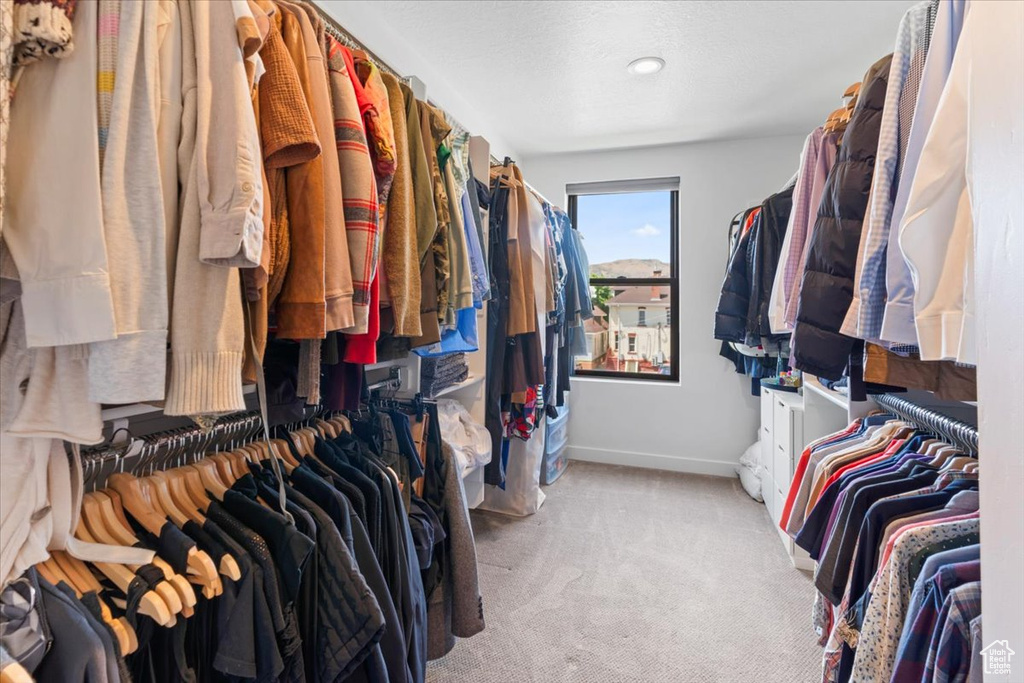 Walk in closet featuring light carpet