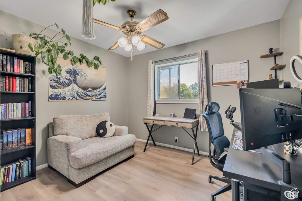 Office with ceiling fan and wood finished floors