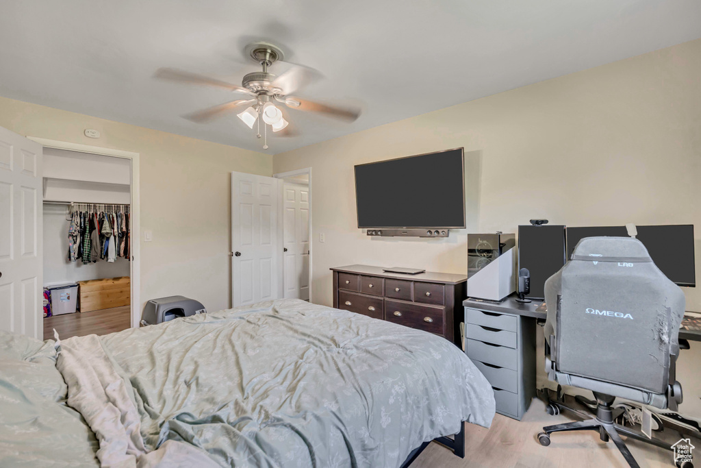 Bedroom featuring light wood finished floors, a ceiling fan, a spacious closet, a closet, and a desk