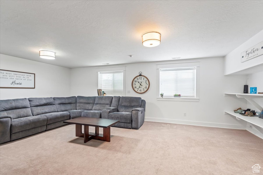 Carpeted living room featuring a textured ceiling
