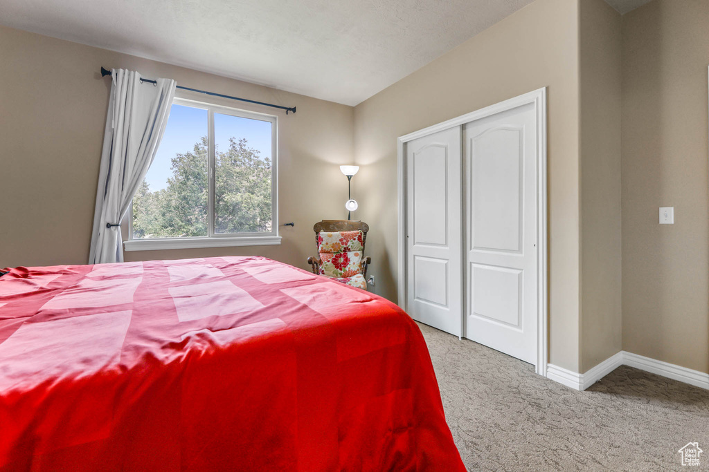 Carpeted bedroom featuring baseboards and a closet