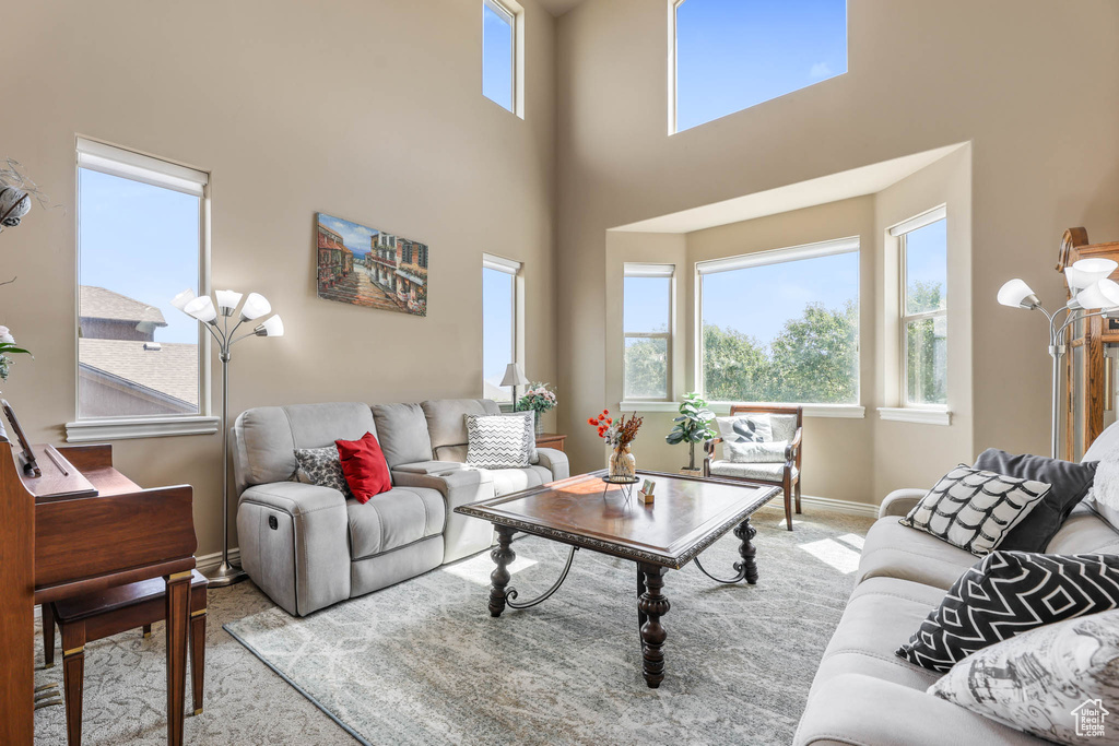 Living area featuring carpet flooring and a high ceiling
