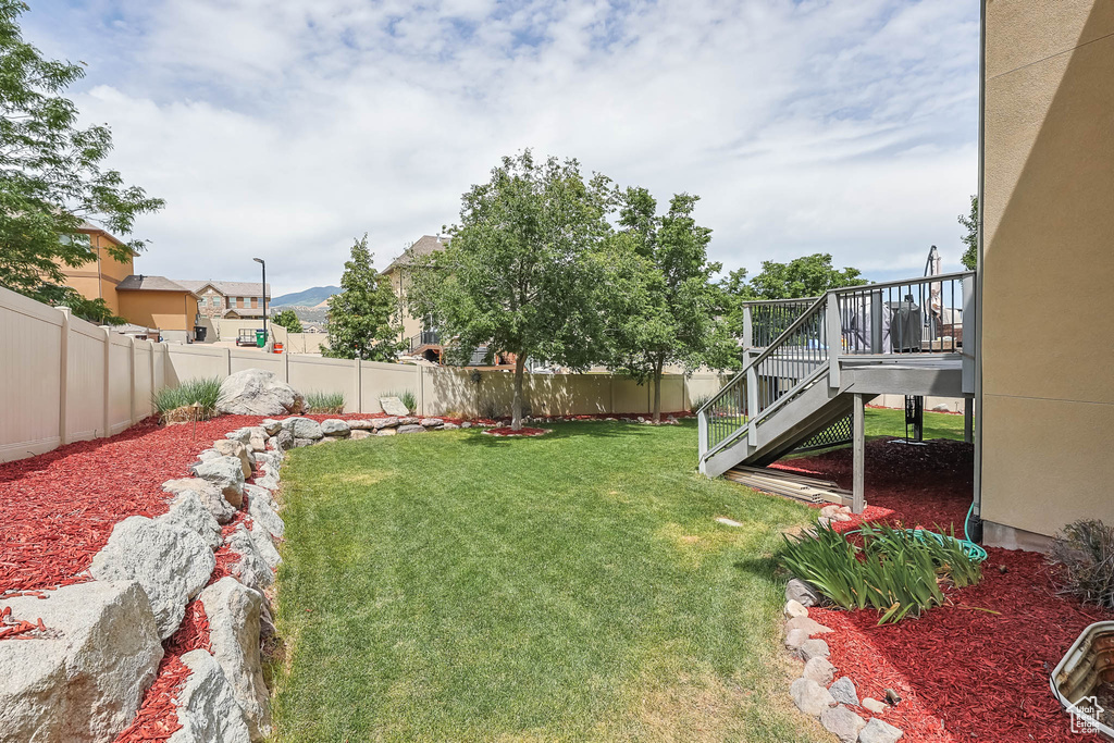 Fenced backyard with stairs and a deck