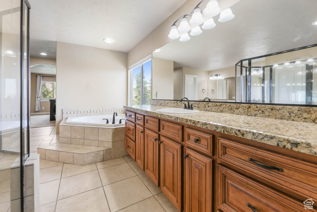 Full bath featuring vanity, a bath, healthy amount of natural light, and tile patterned floors