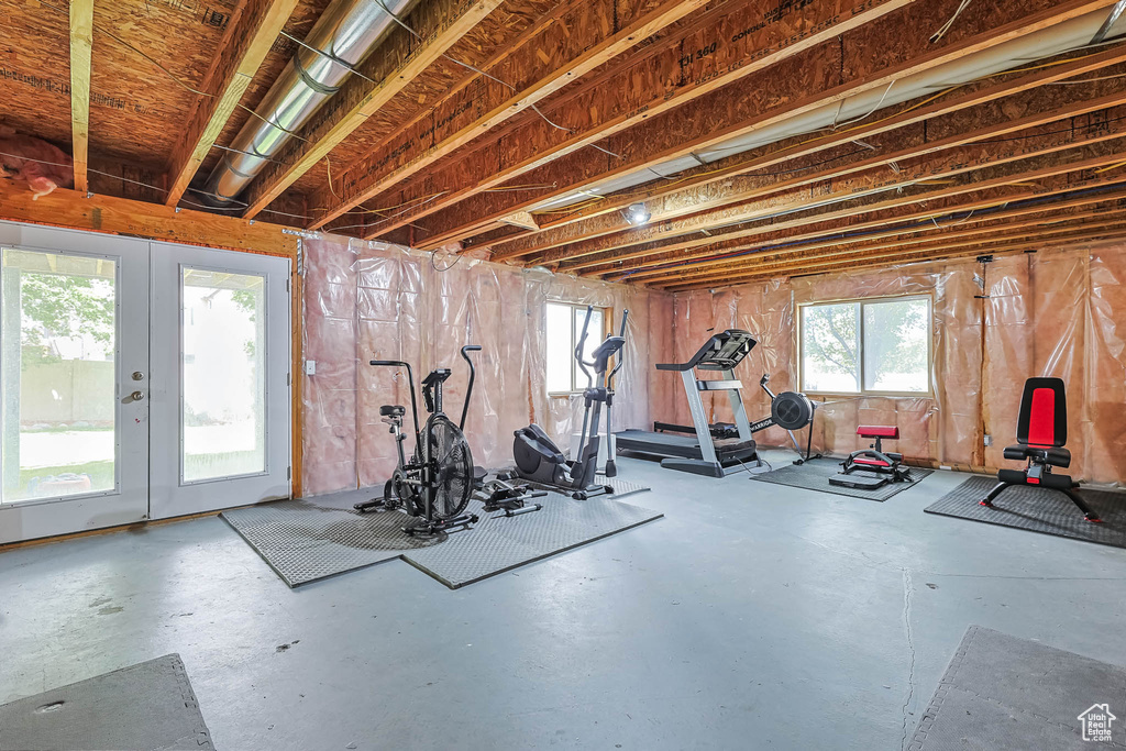 Exercise room featuring french doors
