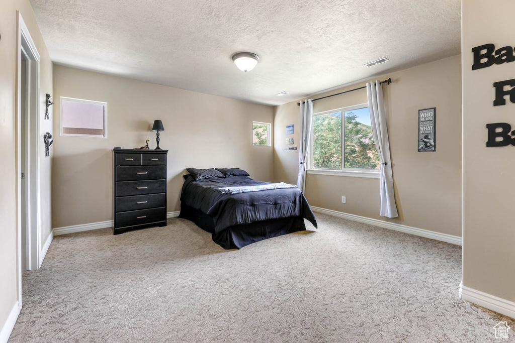 Bedroom with carpet and a textured ceiling