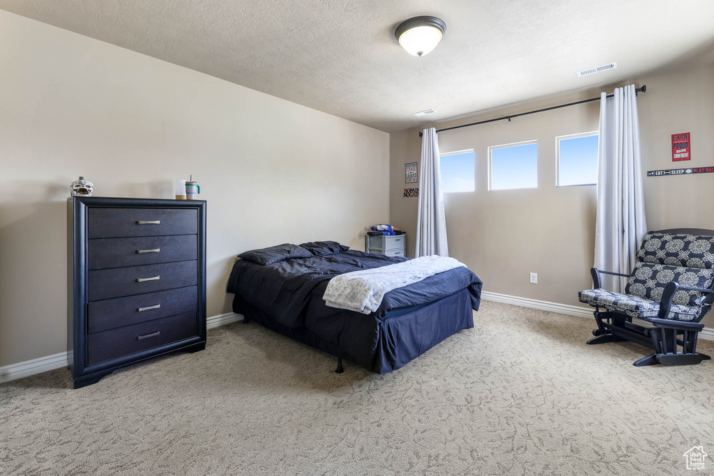 Carpeted bedroom featuring baseboards and a textured ceiling