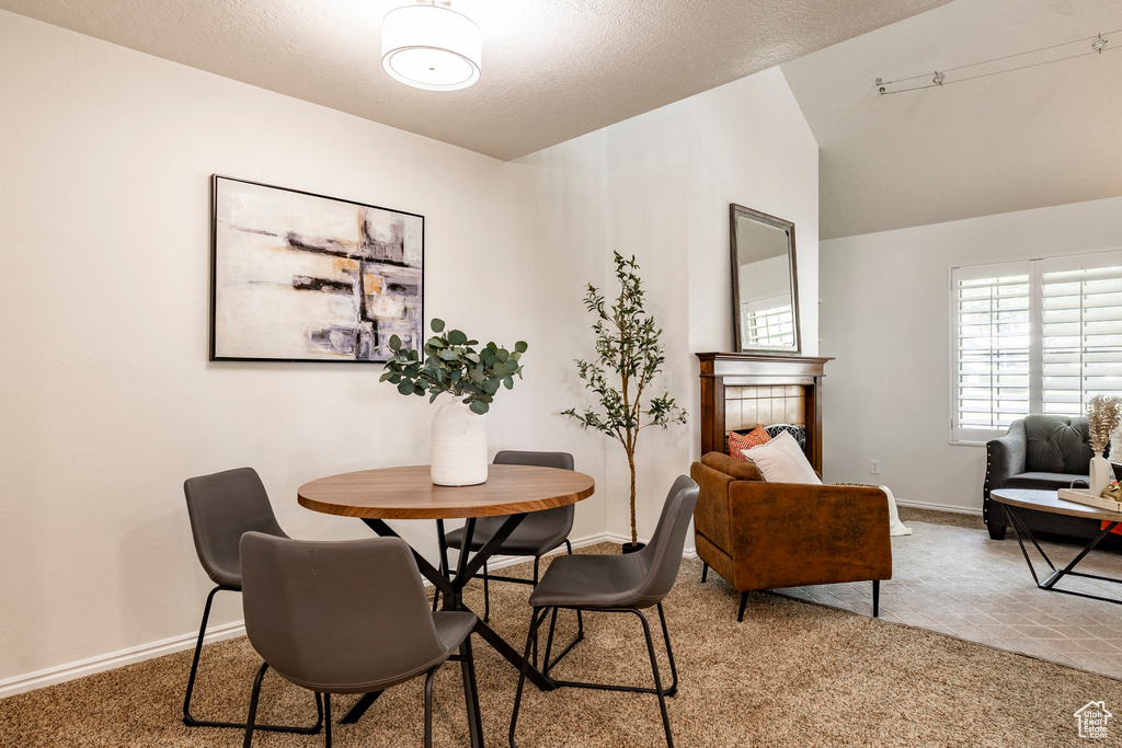 Carpeted dining area with lofted ceiling and a textured ceiling