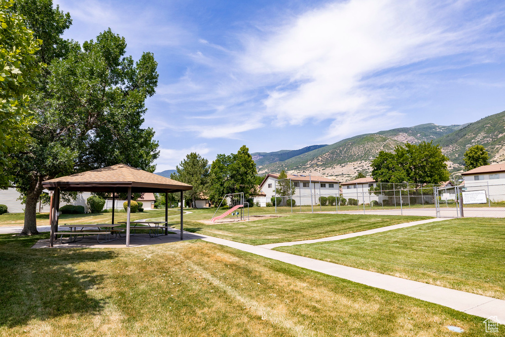 View of property's community with a gazebo and a mountain view