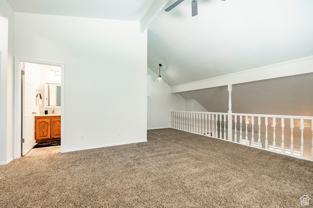 Bonus room with ceiling fan and light carpet