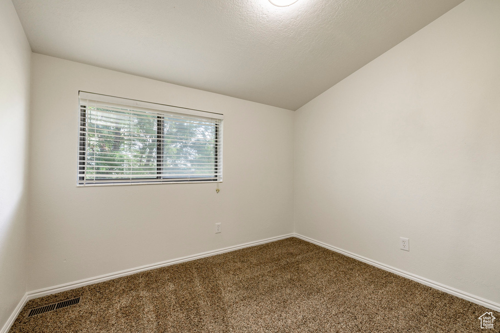 Unfurnished room featuring carpet and lofted ceiling