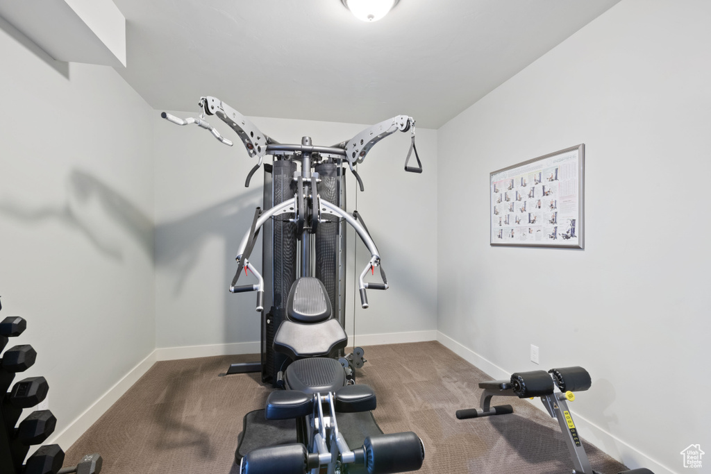 Exercise room featuring baseboards and carpet flooring