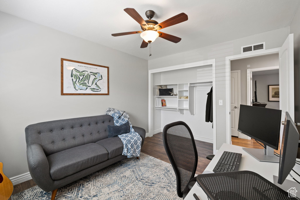 Office featuring ceiling fan and wood finished floors