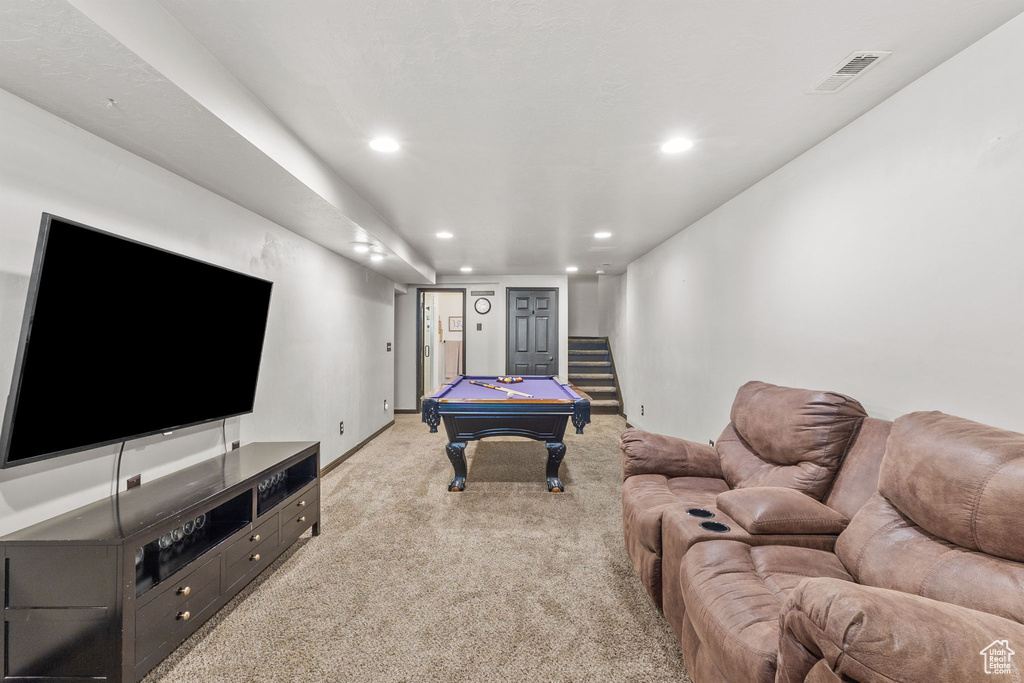 Recreation room featuring billiards, light carpet, and recessed lighting