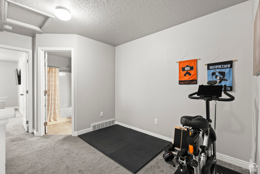 Exercise area featuring attic access, carpet, and a textured ceiling