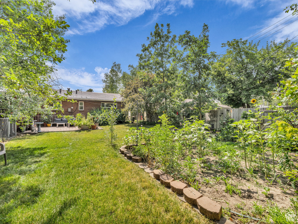 Fenced backyard featuring a garden