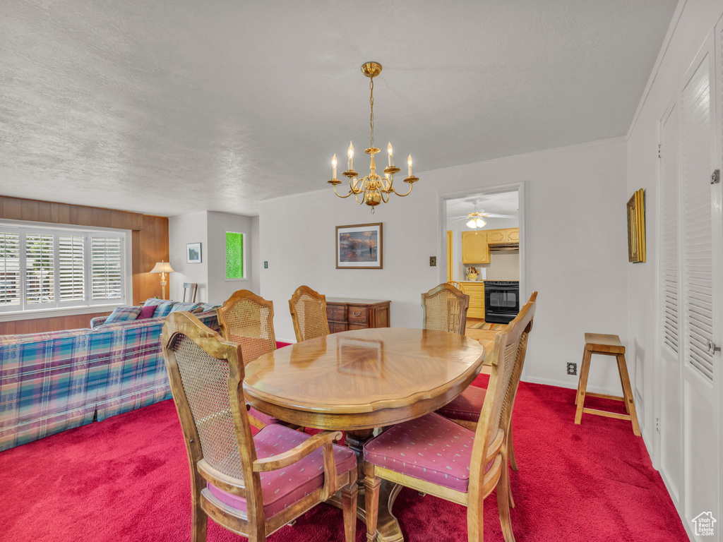 Dining room with a chandelier and carpet