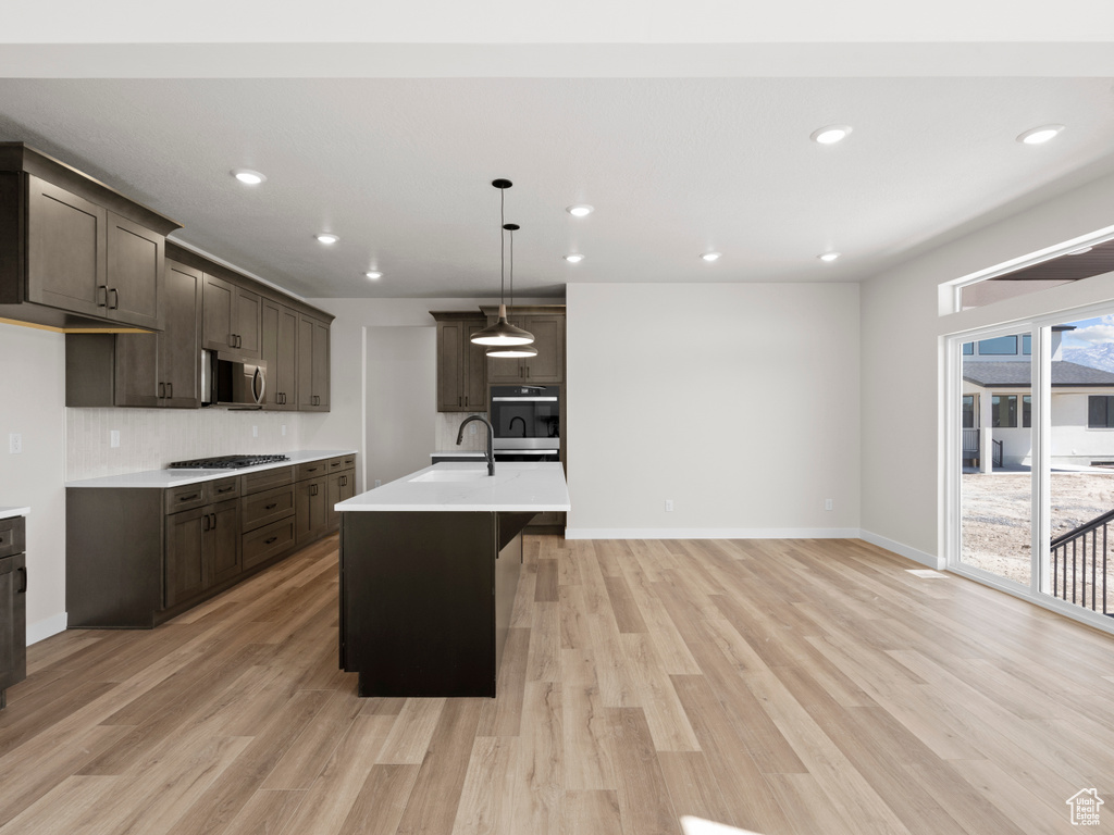Kitchen with appliances with stainless steel finishes, dark brown cabinetry, light wood-style flooring, and recessed lighting