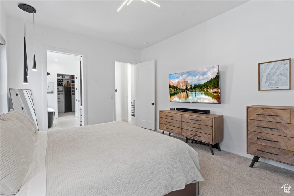 Bedroom with light carpet and a spacious closet
