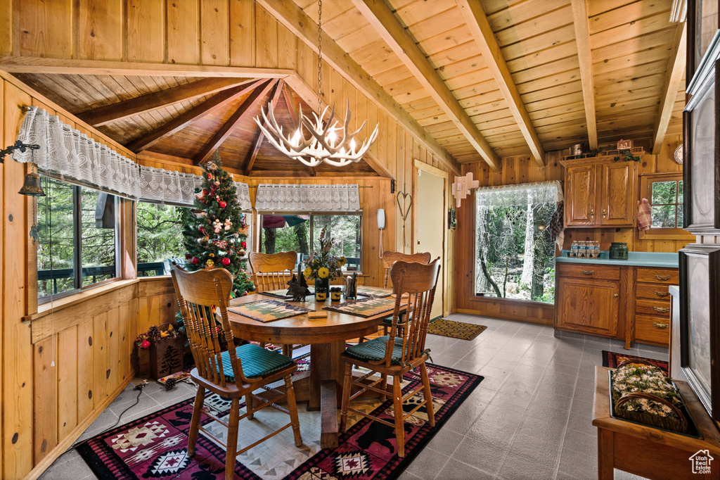 Dining space with wood ceiling, wooden walls, and a chandelier