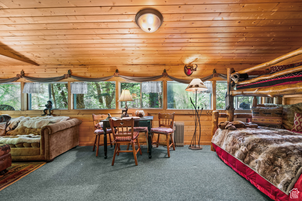 Carpeted bedroom featuring radiator, wooden ceiling, and wood walls
