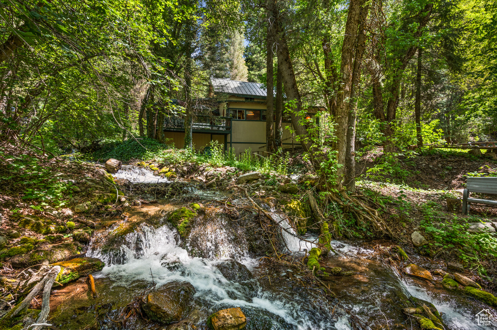 View of yard with a forest view