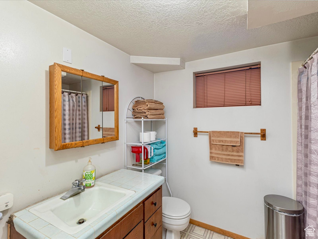 Bathroom with vanity, a textured ceiling, and a shower with curtain