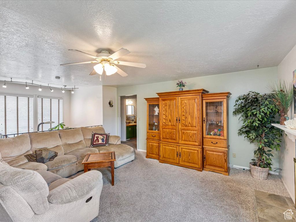Carpeted living area featuring ceiling fan and a textured ceiling