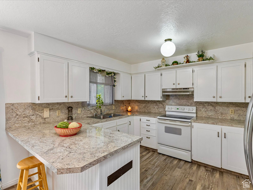 Kitchen featuring electric stove, under cabinet range hood, a peninsula, light countertops, and wood finished floors