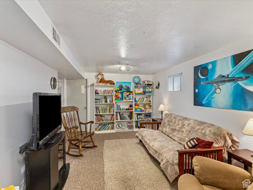 Carpeted living area featuring a textured ceiling