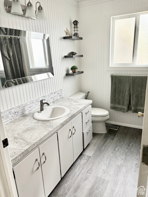Bathroom with wood finished floors, vanity, healthy amount of natural light, and curtained shower