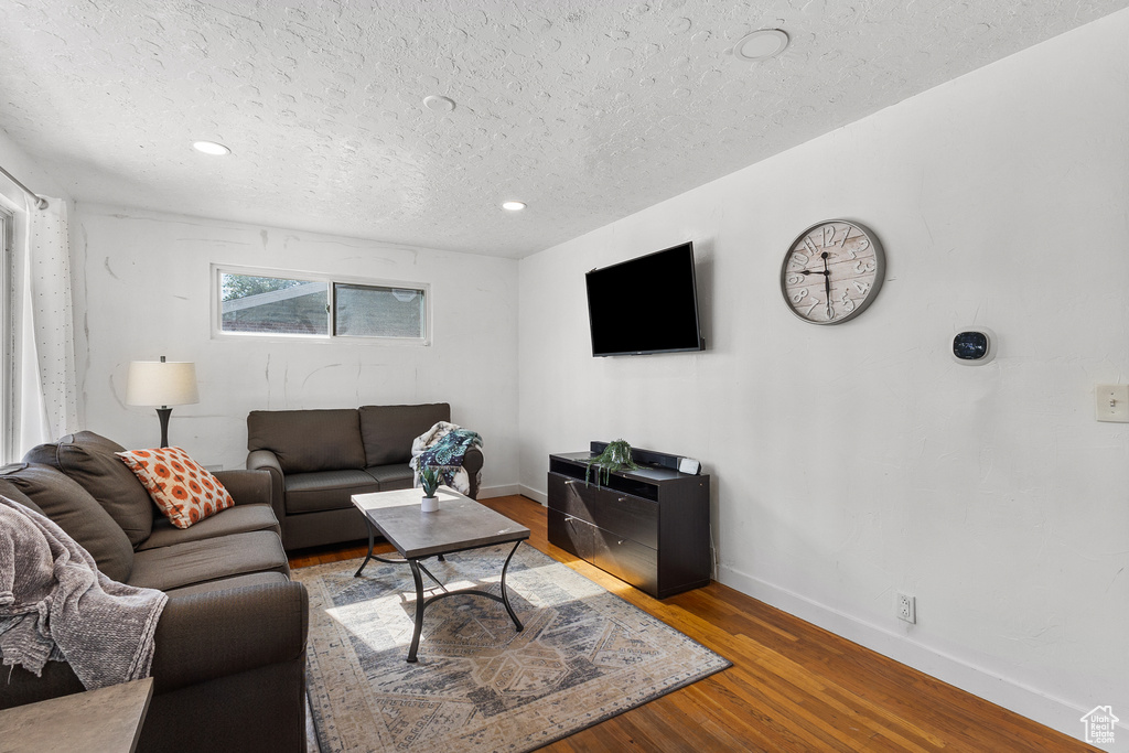 Living room featuring a textured ceiling, wood finished floors, and recessed lighting