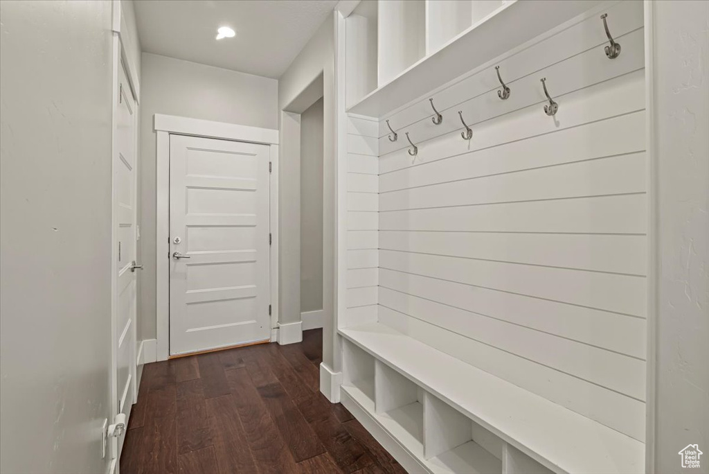 Mudroom with dark wood-type flooring and recessed lighting
