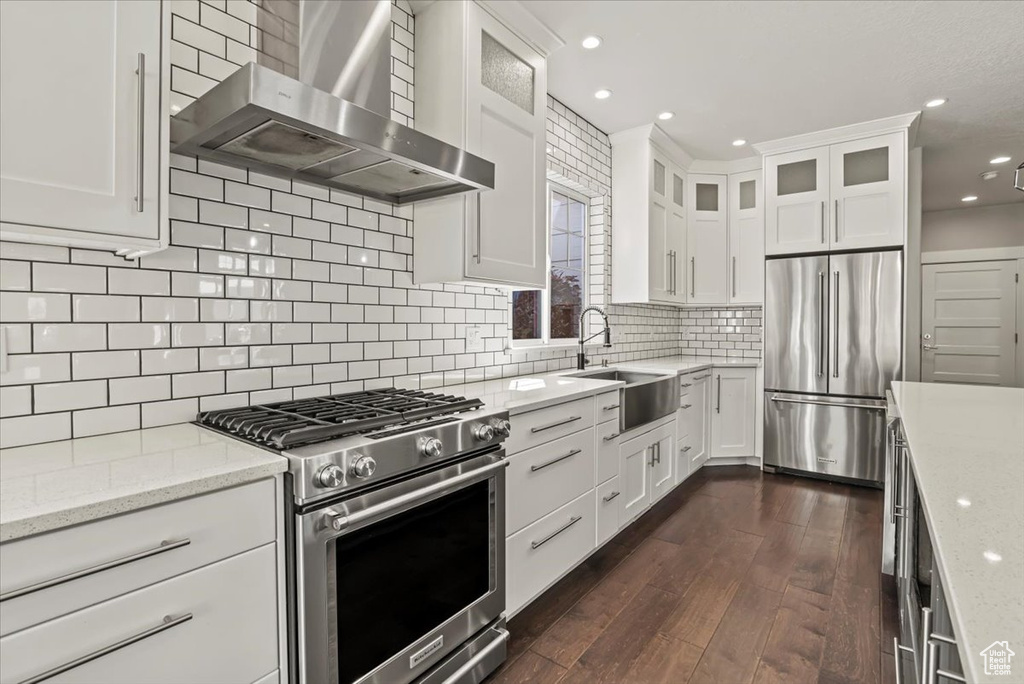 Kitchen with high quality appliances, ventilation hood, dark wood-style floors, white cabinets, and recessed lighting