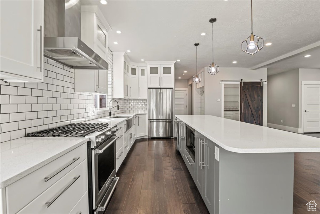 Kitchen with wall chimney exhaust hood, appliances with stainless steel finishes, a barn door, a center island, and recessed lighting
