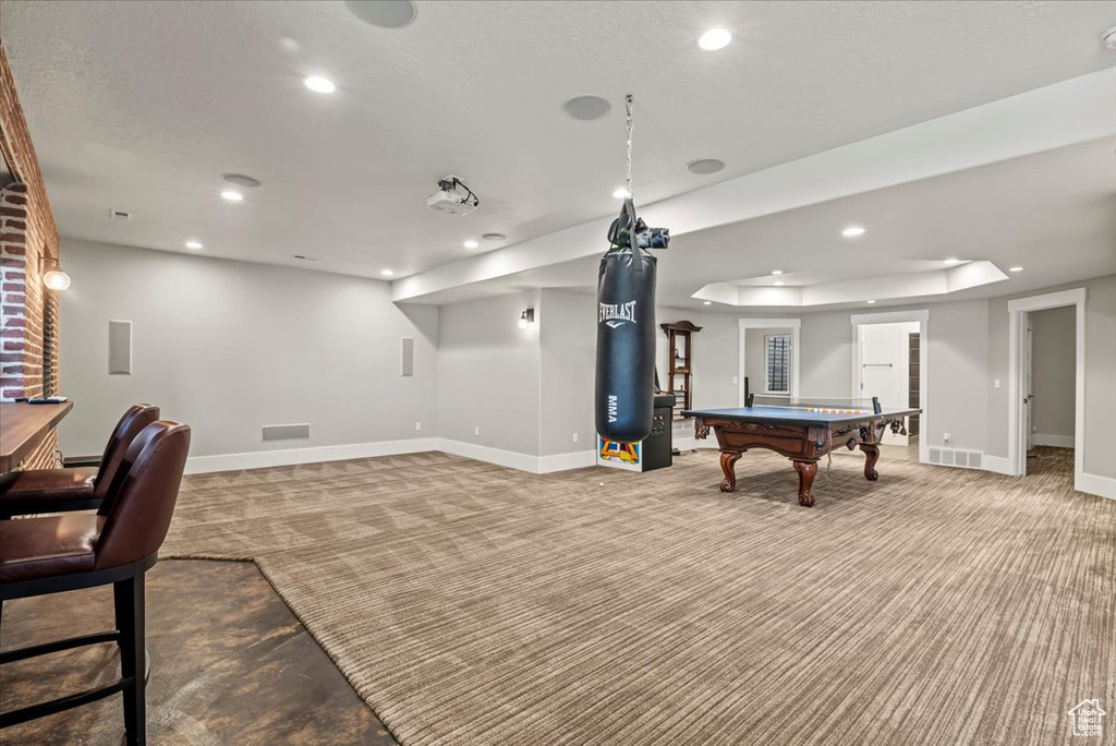 Rec room featuring carpet flooring, billiards table, and recessed lighting