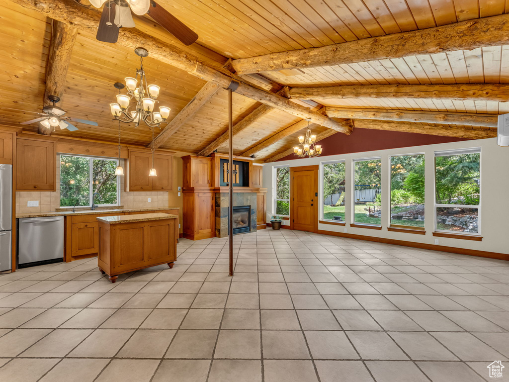 Kitchen featuring stainless steel appliances, a ceiling fan, a chandelier, and wooden ceiling