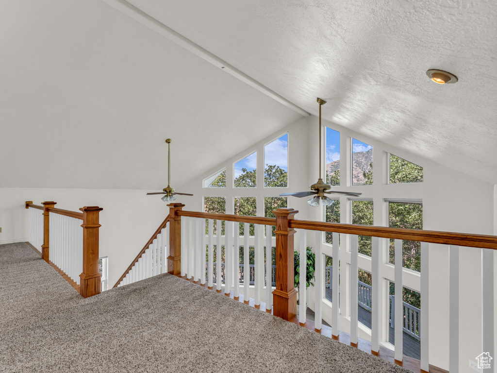 Hall with lofted ceiling, an upstairs landing, healthy amount of natural light, a textured ceiling, and carpet floors