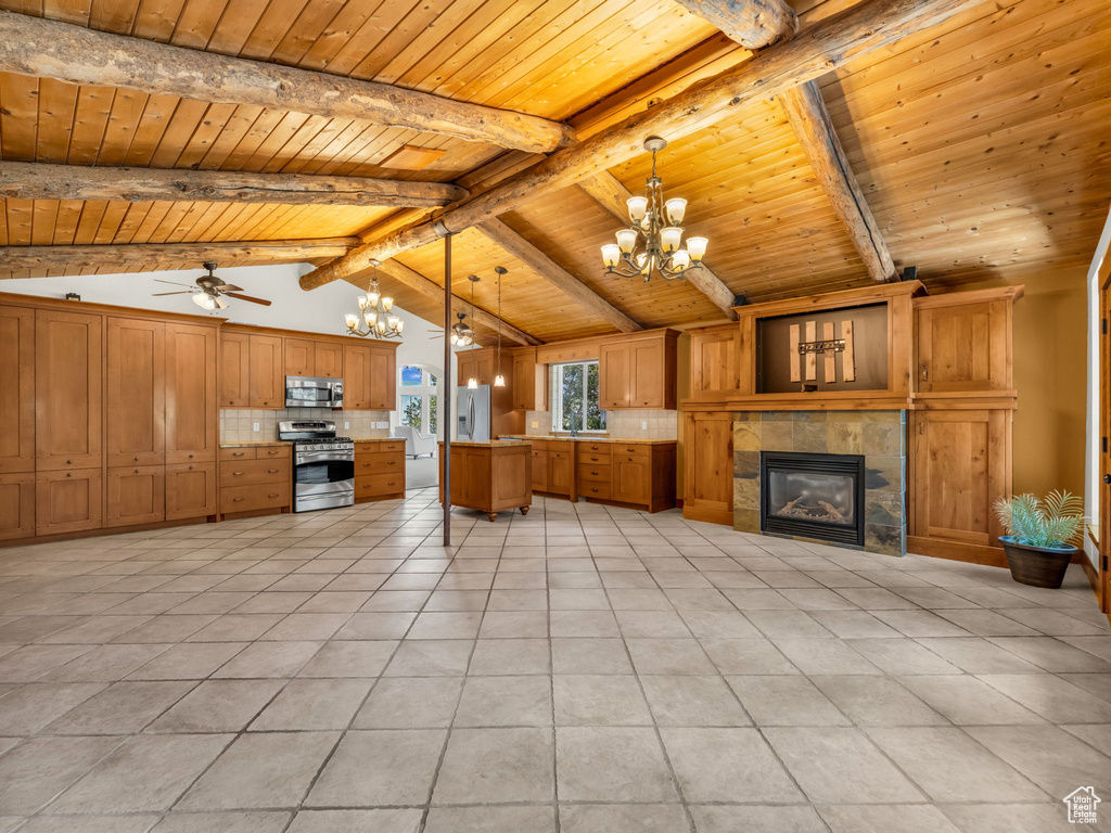 Kitchen with appliances with stainless steel finishes, a chandelier, open floor plan, backsplash, and wooden ceiling