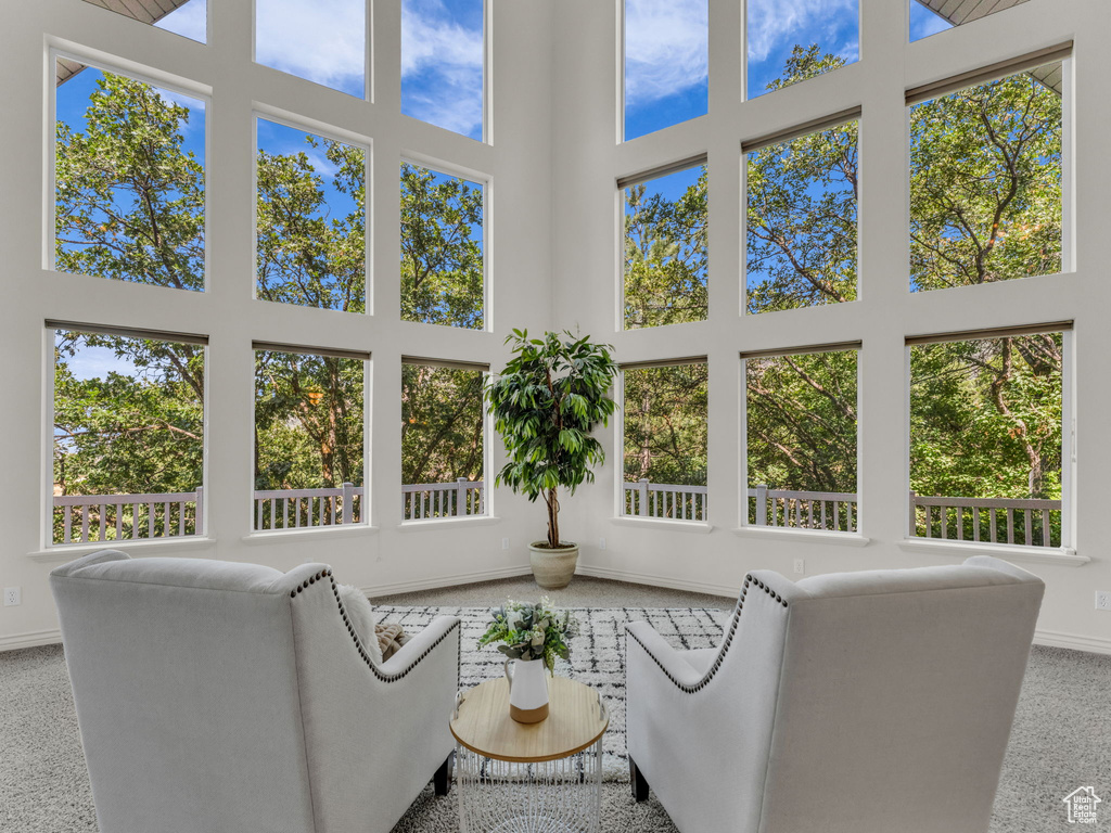 Carpeted living room with a towering ceiling and baseboards
