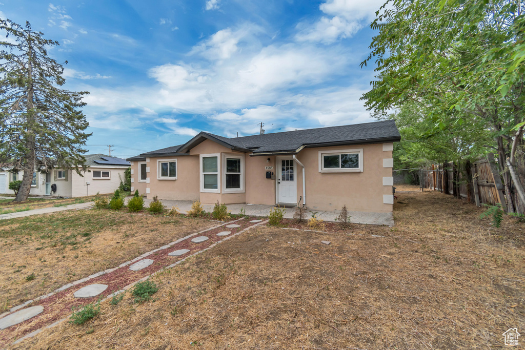 View of front of home featuring stucco siding and a shingled roof