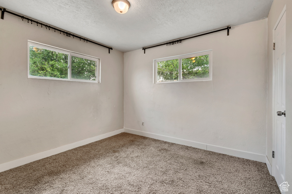 Unfurnished room featuring carpet floors and a textured ceiling
