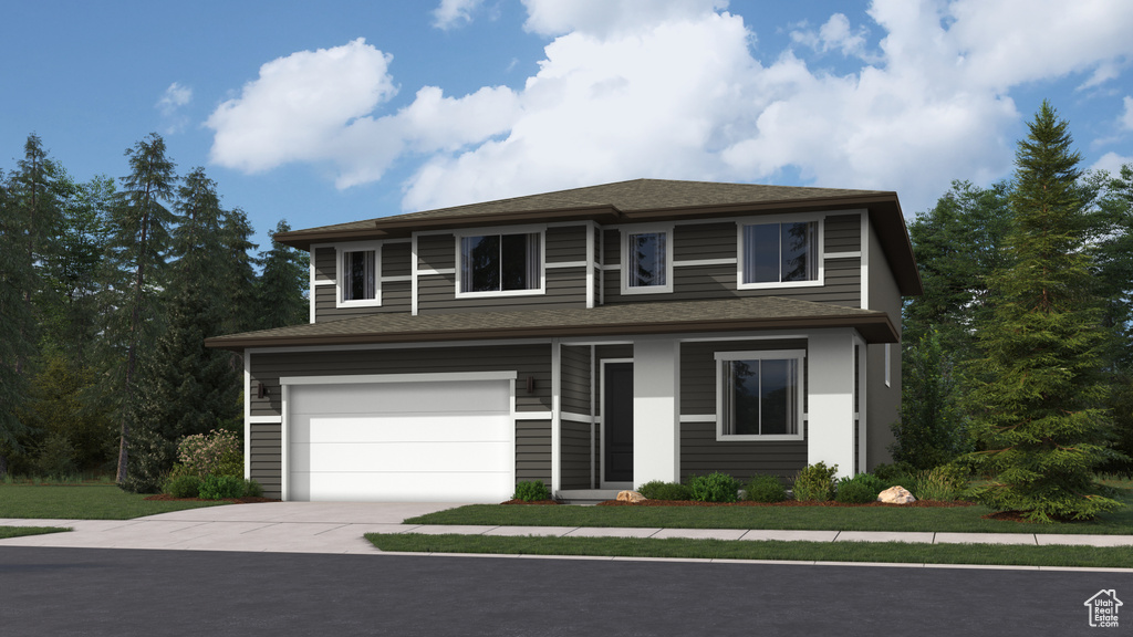 View of front facade featuring a garage, concrete driveway, and roof with shingles