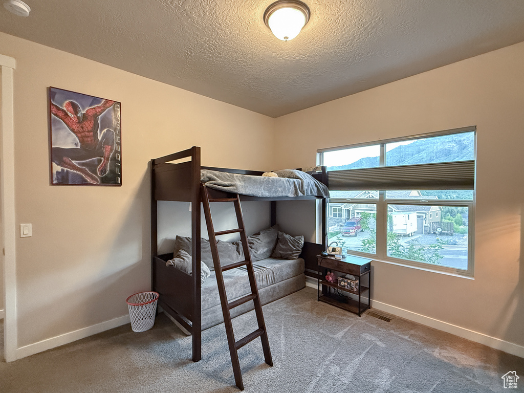 Bedroom with carpet floors and a textured ceiling