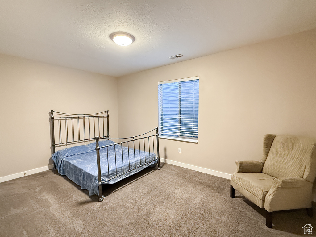 Bedroom with carpet and a textured ceiling